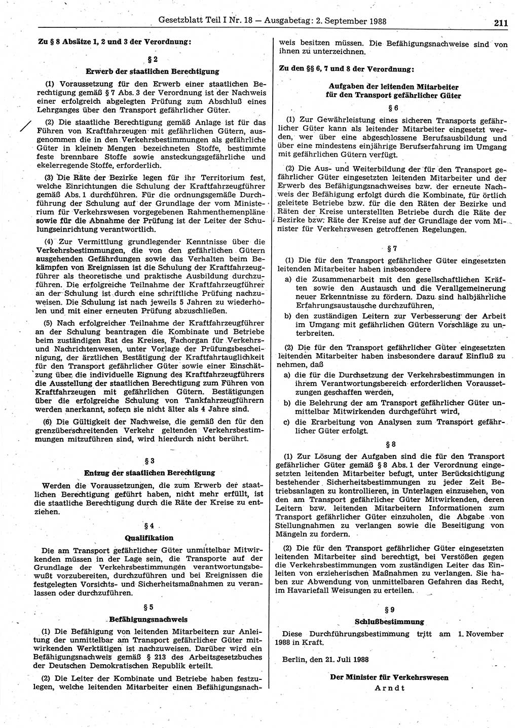 Gesetzblatt (GBl.) der Deutschen Demokratischen Republik (DDR) Teil Ⅰ 1988, Seite 211 (GBl. DDR Ⅰ 1988, S. 211)