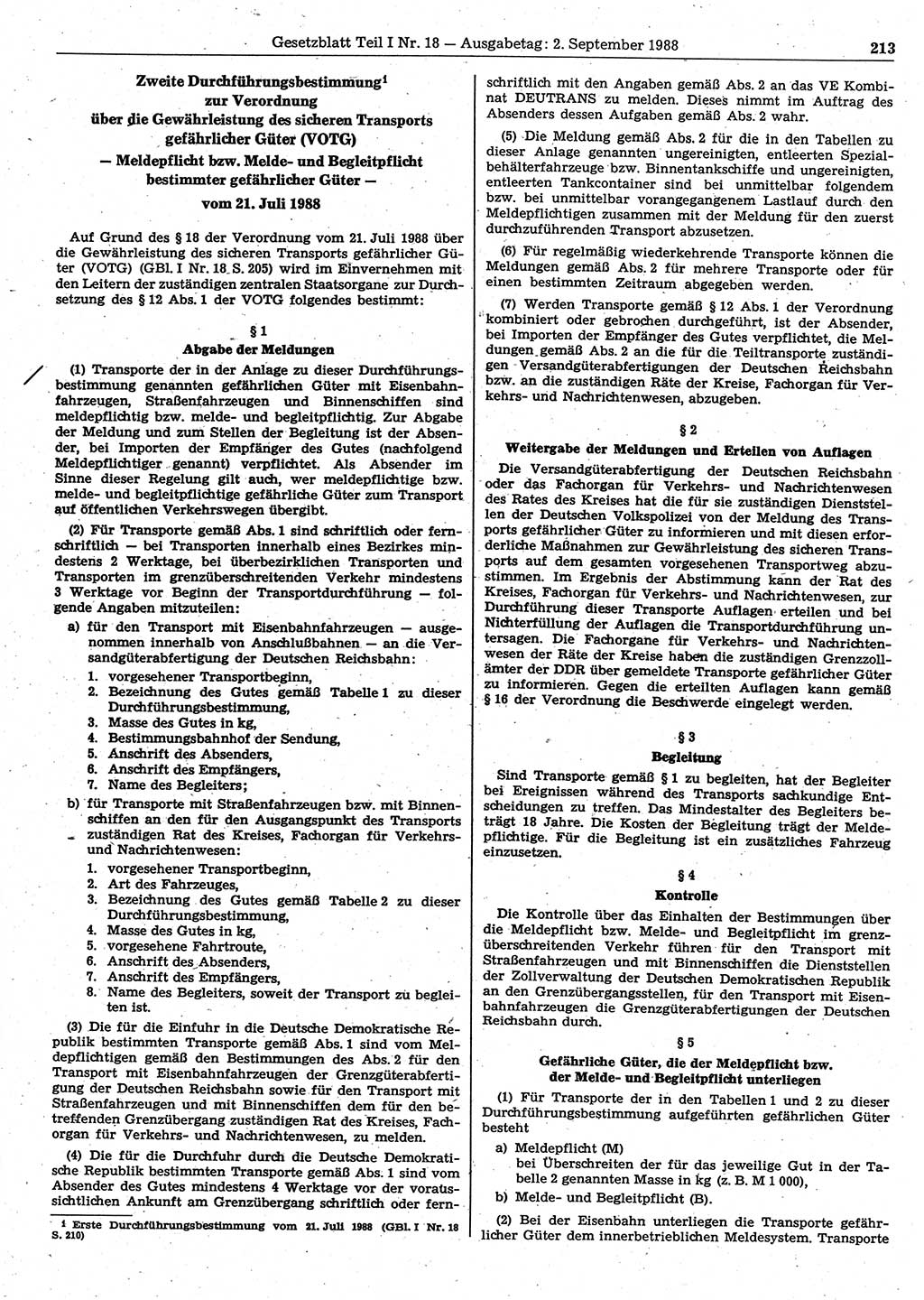 Gesetzblatt (GBl.) der Deutschen Demokratischen Republik (DDR) Teil Ⅰ 1988, Seite 213 (GBl. DDR Ⅰ 1988, S. 213)