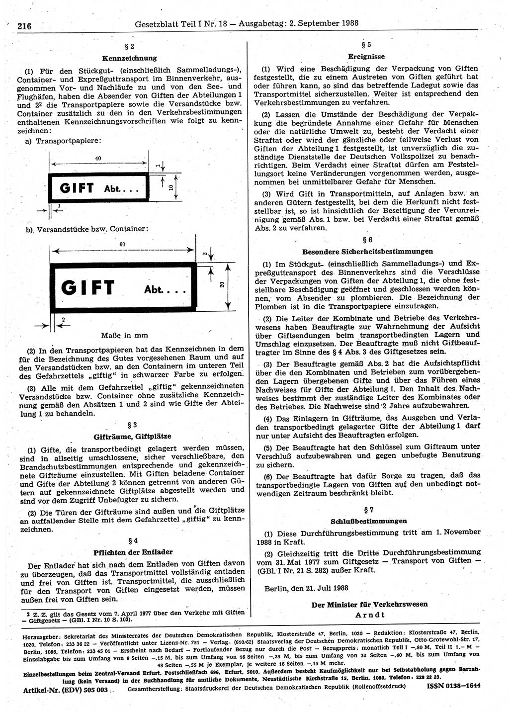 Gesetzblatt (GBl.) der Deutschen Demokratischen Republik (DDR) Teil Ⅰ 1988, Seite 216 (GBl. DDR Ⅰ 1988, S. 216)