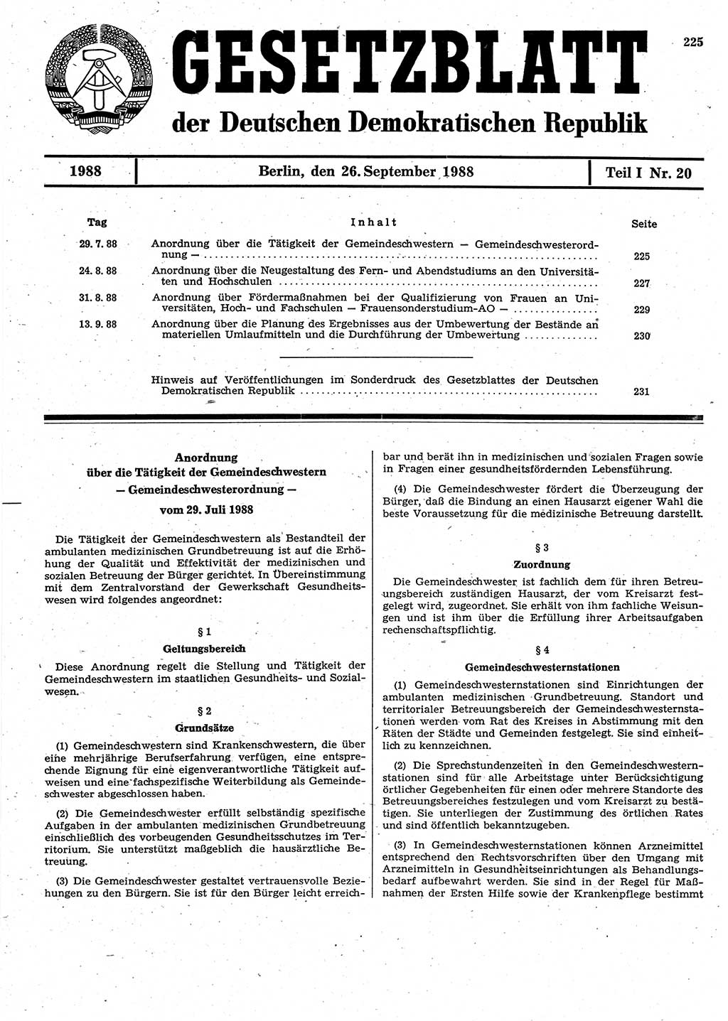 Gesetzblatt (GBl.) der Deutschen Demokratischen Republik (DDR) Teil Ⅰ 1988, Seite 225 (GBl. DDR Ⅰ 1988, S. 225)