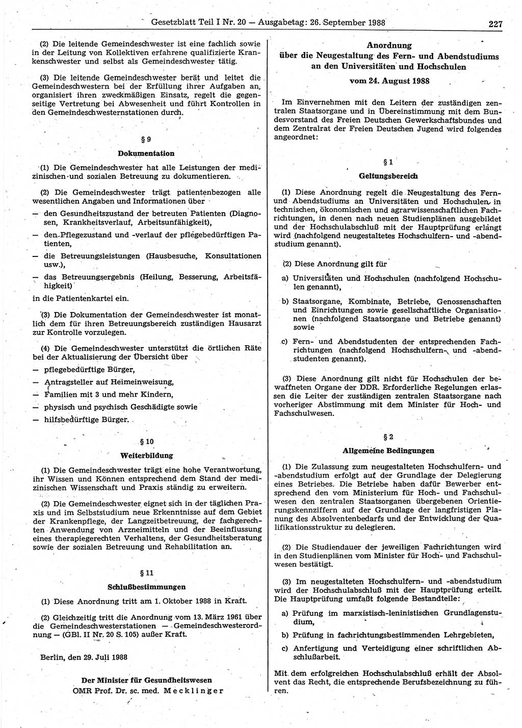 Gesetzblatt (GBl.) der Deutschen Demokratischen Republik (DDR) Teil Ⅰ 1988, Seite 227 (GBl. DDR Ⅰ 1988, S. 227)