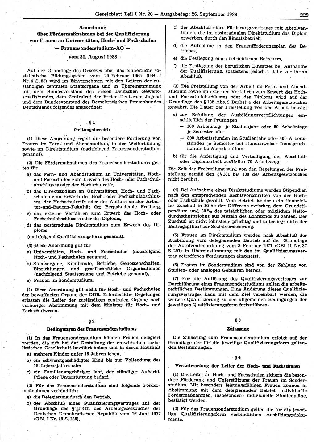 Gesetzblatt (GBl.) der Deutschen Demokratischen Republik (DDR) Teil Ⅰ 1988, Seite 229 (GBl. DDR Ⅰ 1988, S. 229)