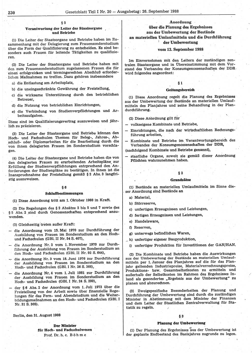 Gesetzblatt (GBl.) der Deutschen Demokratischen Republik (DDR) Teil Ⅰ 1988, Seite 230 (GBl. DDR Ⅰ 1988, S. 230)