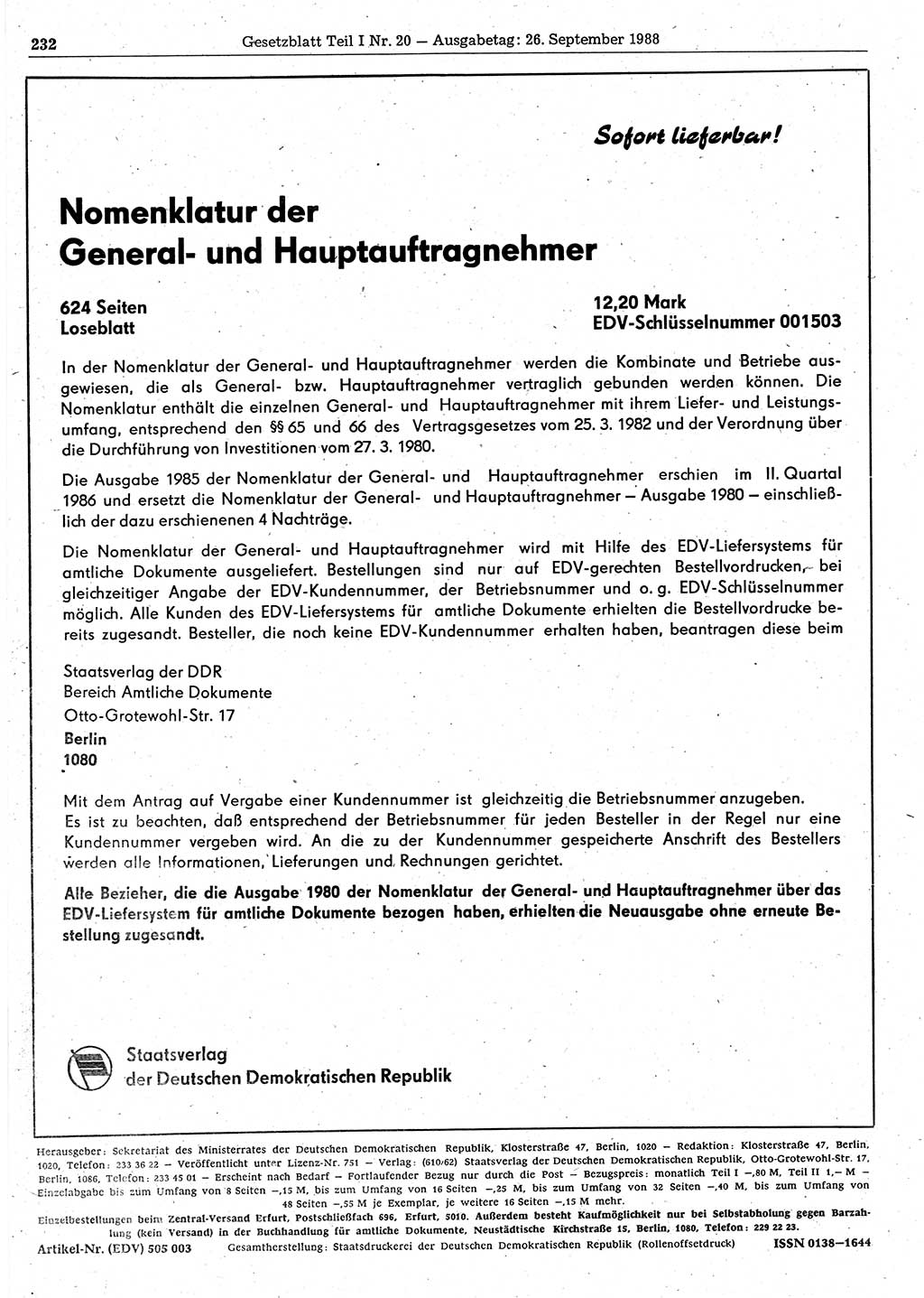 Gesetzblatt (GBl.) der Deutschen Demokratischen Republik (DDR) Teil Ⅰ 1988, Seite 232 (GBl. DDR Ⅰ 1988, S. 232)