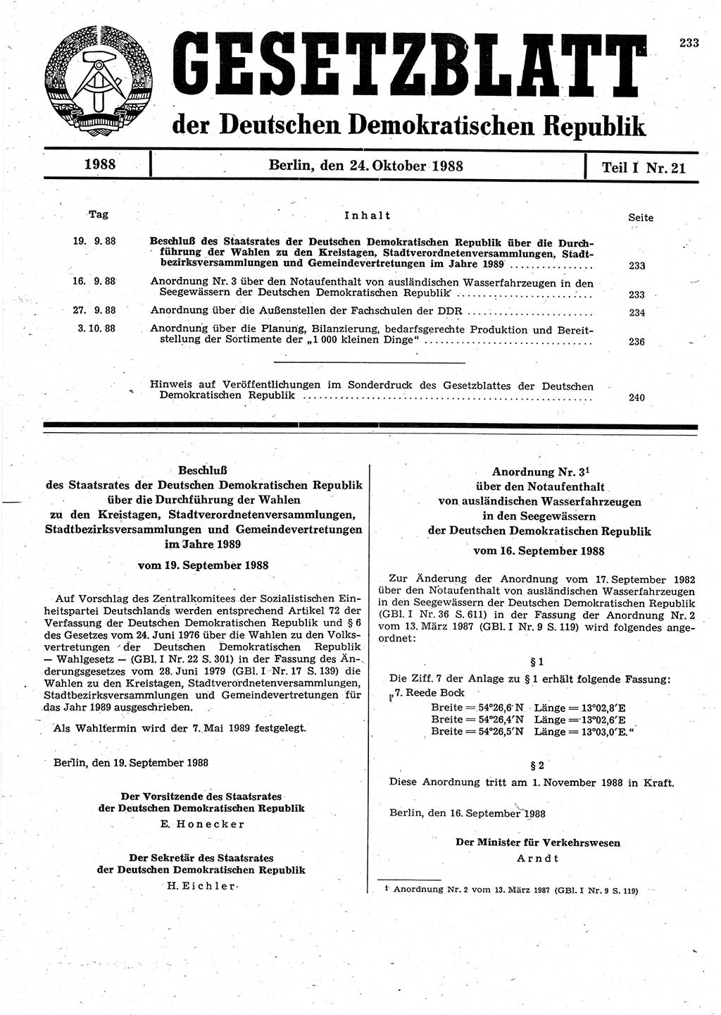 Gesetzblatt (GBl.) der Deutschen Demokratischen Republik (DDR) Teil Ⅰ 1988, Seite 233 (GBl. DDR Ⅰ 1988, S. 233)
