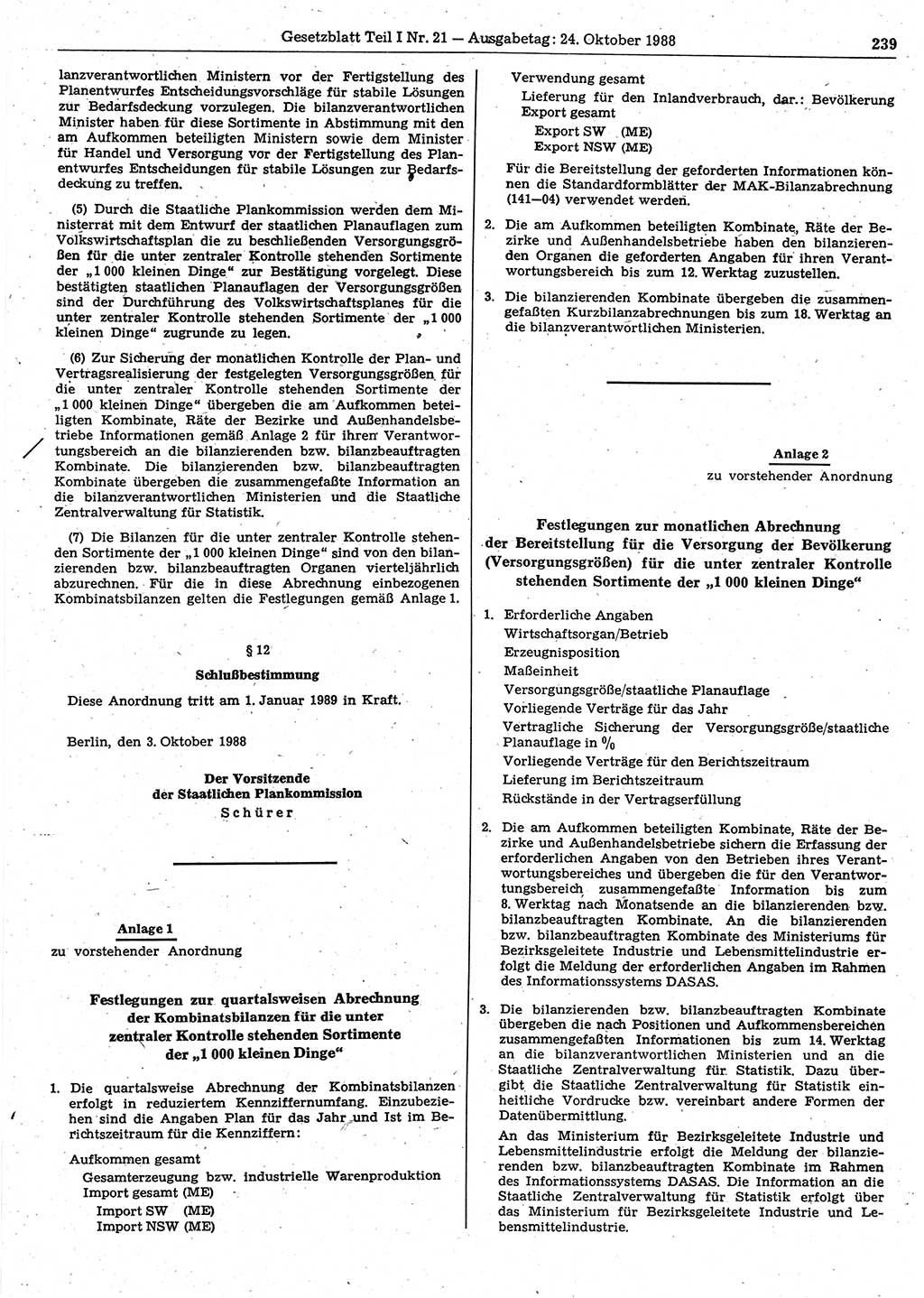 Gesetzblatt (GBl.) der Deutschen Demokratischen Republik (DDR) Teil Ⅰ 1988, Seite 239 (GBl. DDR Ⅰ 1988, S. 239)
