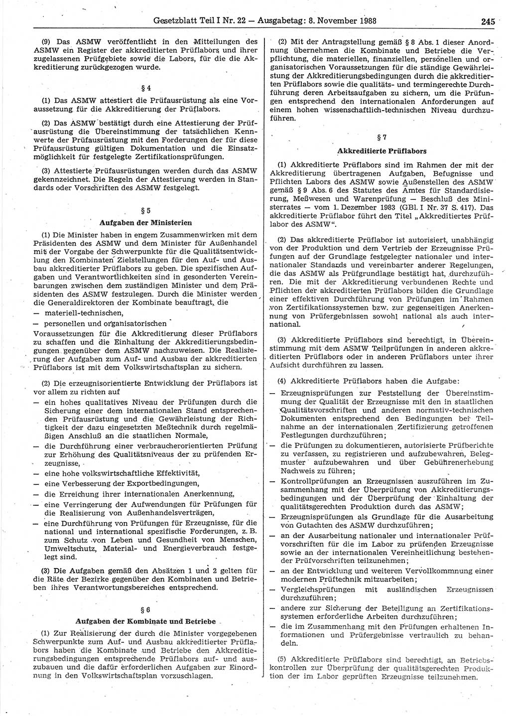 Gesetzblatt (GBl.) der Deutschen Demokratischen Republik (DDR) Teil Ⅰ 1988, Seite 245 (GBl. DDR Ⅰ 1988, S. 245)