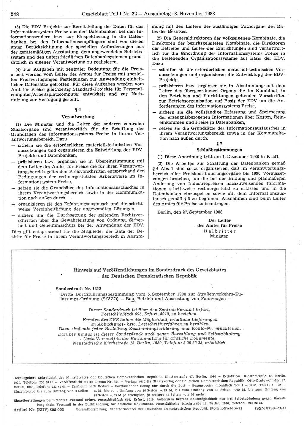 Gesetzblatt (GBl.) der Deutschen Demokratischen Republik (DDR) Teil Ⅰ 1988, Seite 248 (GBl. DDR Ⅰ 1988, S. 248)