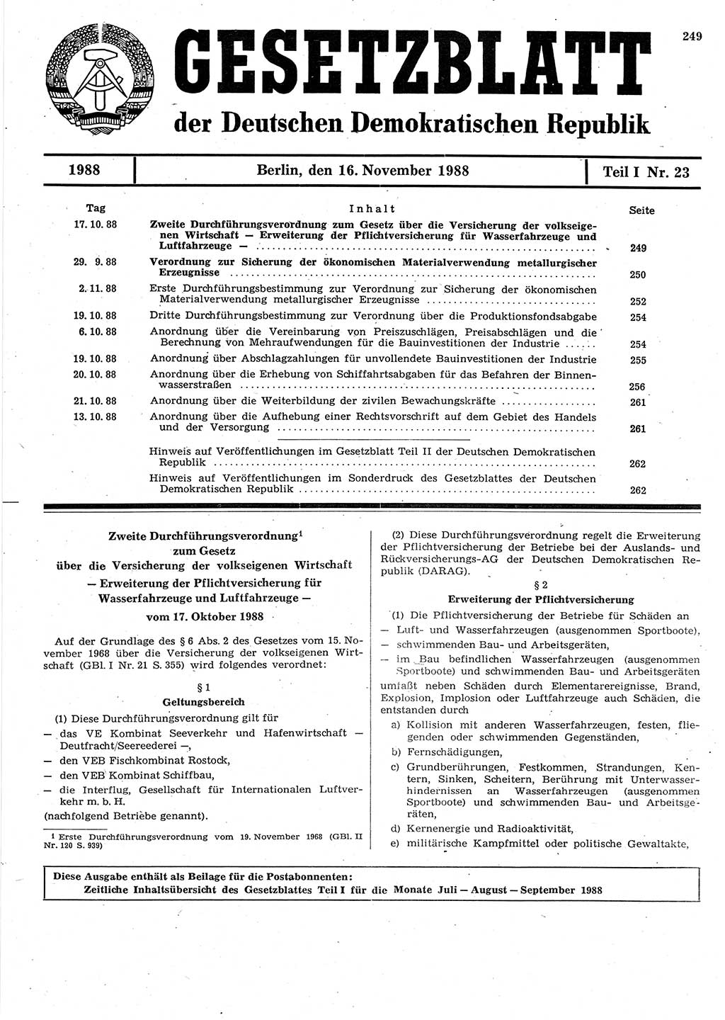 Gesetzblatt (GBl.) der Deutschen Demokratischen Republik (DDR) Teil Ⅰ 1988, Seite 249 (GBl. DDR Ⅰ 1988, S. 249)