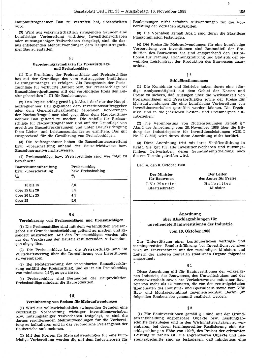 Gesetzblatt (GBl.) der Deutschen Demokratischen Republik (DDR) Teil Ⅰ 1988, Seite 255 (GBl. DDR Ⅰ 1988, S. 255)