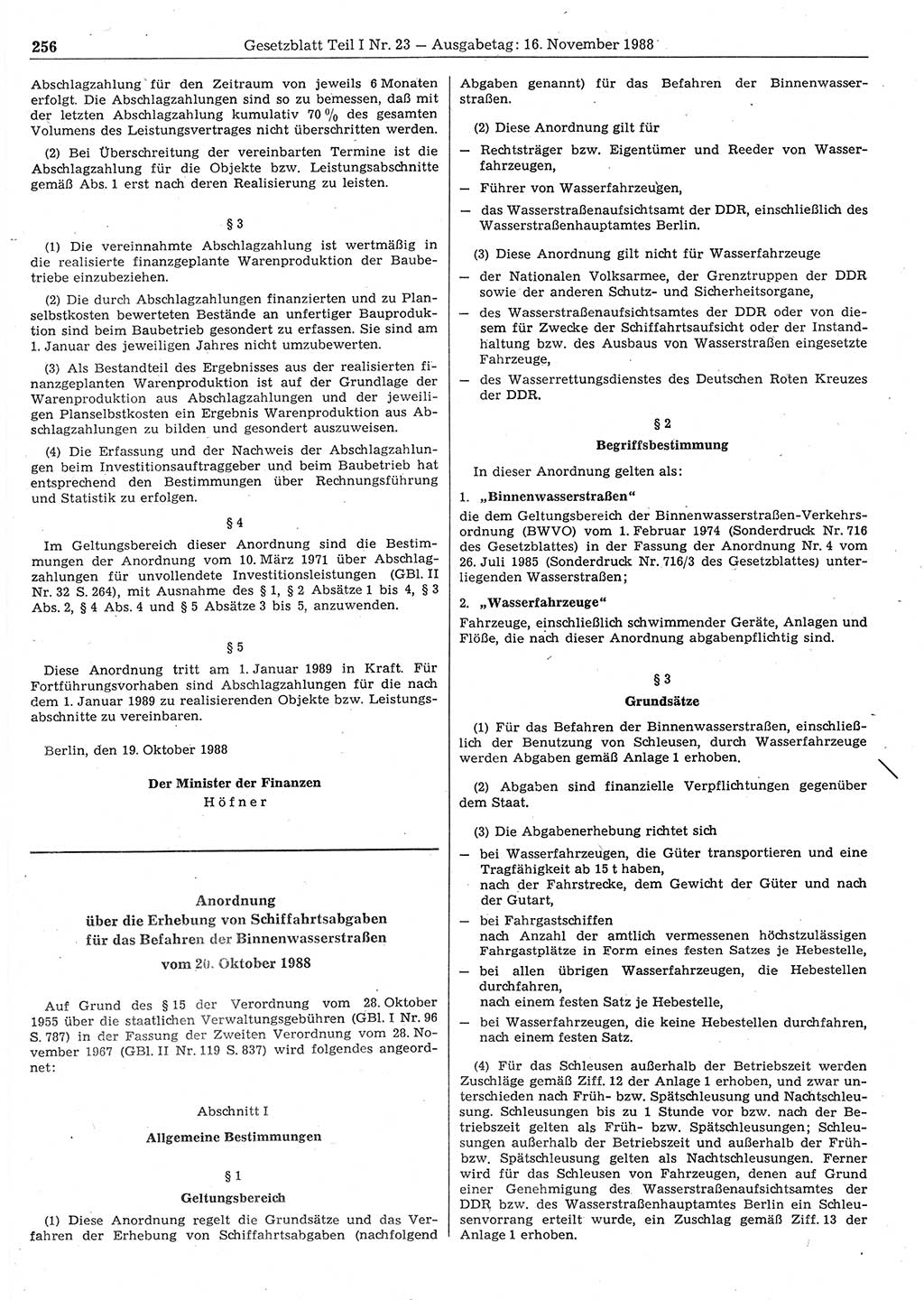 Gesetzblatt (GBl.) der Deutschen Demokratischen Republik (DDR) Teil Ⅰ 1988, Seite 256 (GBl. DDR Ⅰ 1988, S. 256)