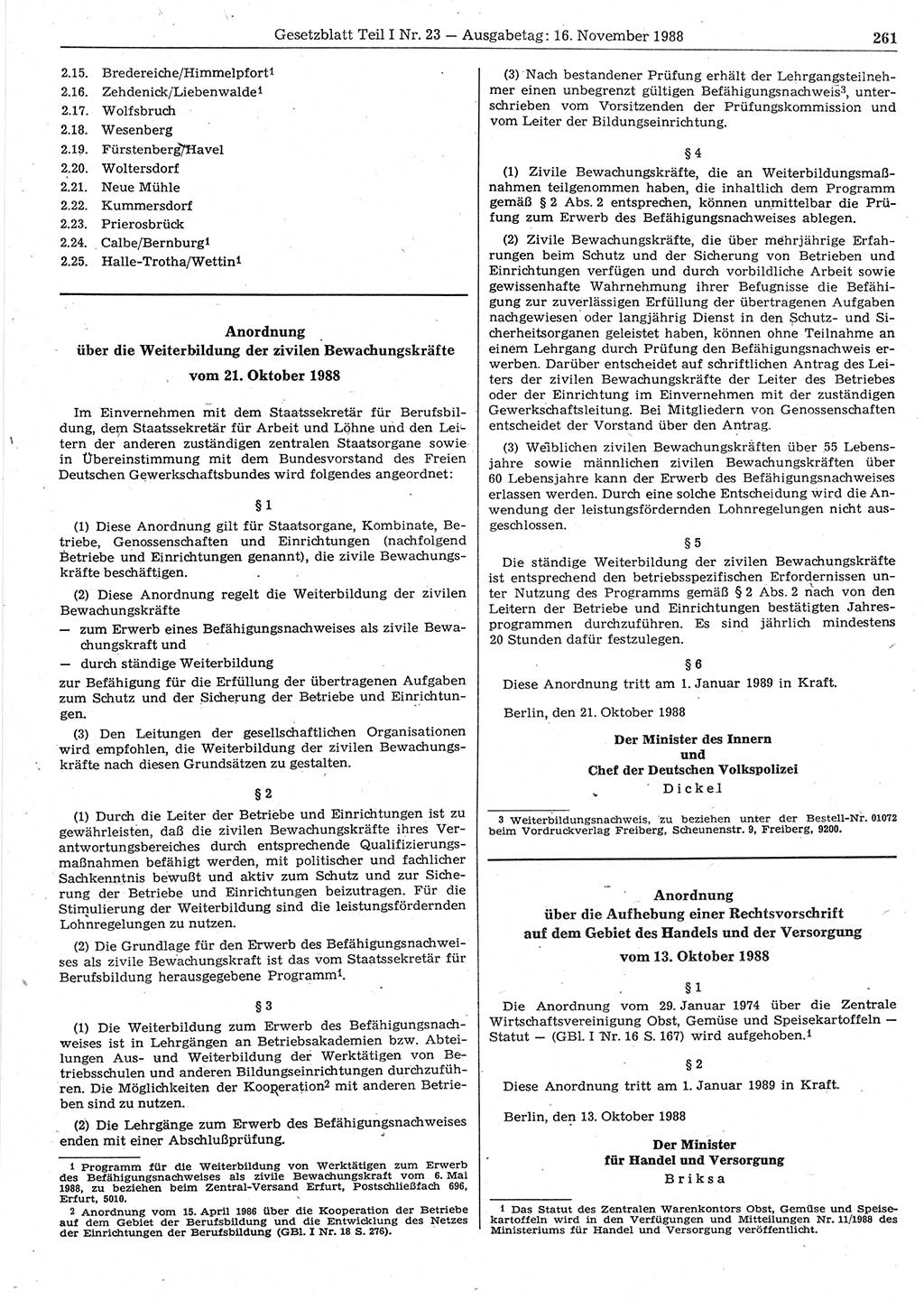 Gesetzblatt (GBl.) der Deutschen Demokratischen Republik (DDR) Teil Ⅰ 1988, Seite 261 (GBl. DDR Ⅰ 1988, S. 261)