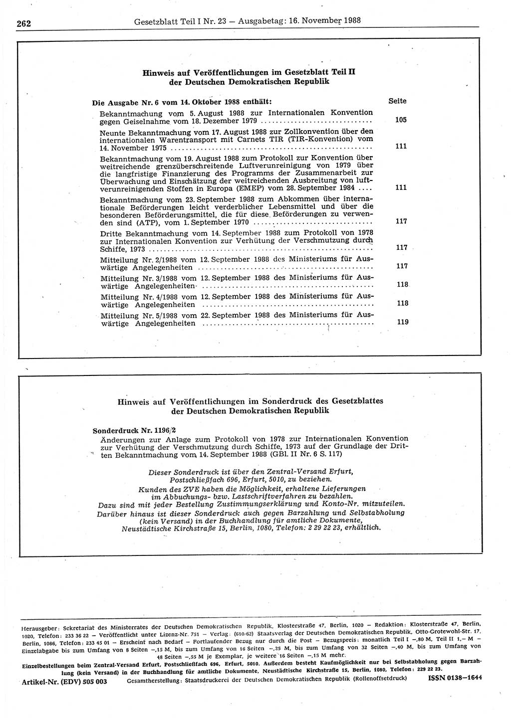 Gesetzblatt (GBl.) der Deutschen Demokratischen Republik (DDR) Teil Ⅰ 1988, Seite 262 (GBl. DDR Ⅰ 1988, S. 262)
