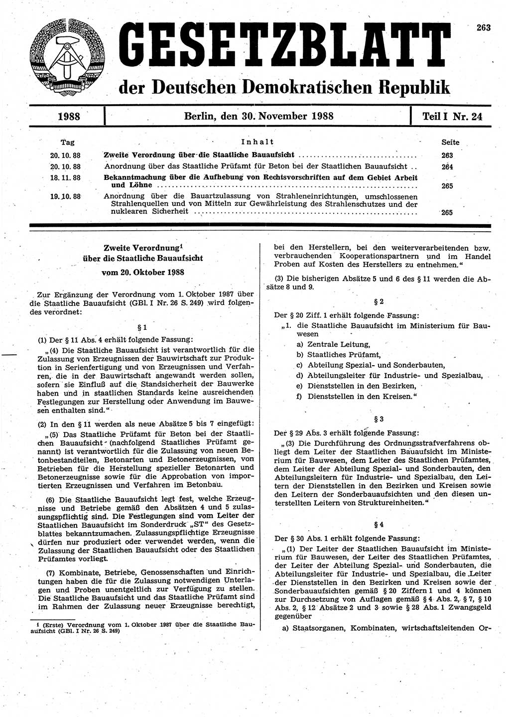 Gesetzblatt (GBl.) der Deutschen Demokratischen Republik (DDR) Teil Ⅰ 1988, Seite 263 (GBl. DDR Ⅰ 1988, S. 263)