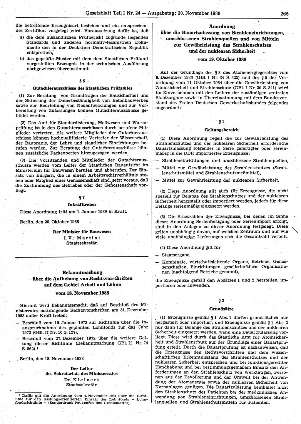 Gesetzblatt (GBl.) der Deutschen Demokratischen Republik (DDR) Teil Ⅰ 1988, Seite 265 (GBl. DDR Ⅰ 1988, S. 265)