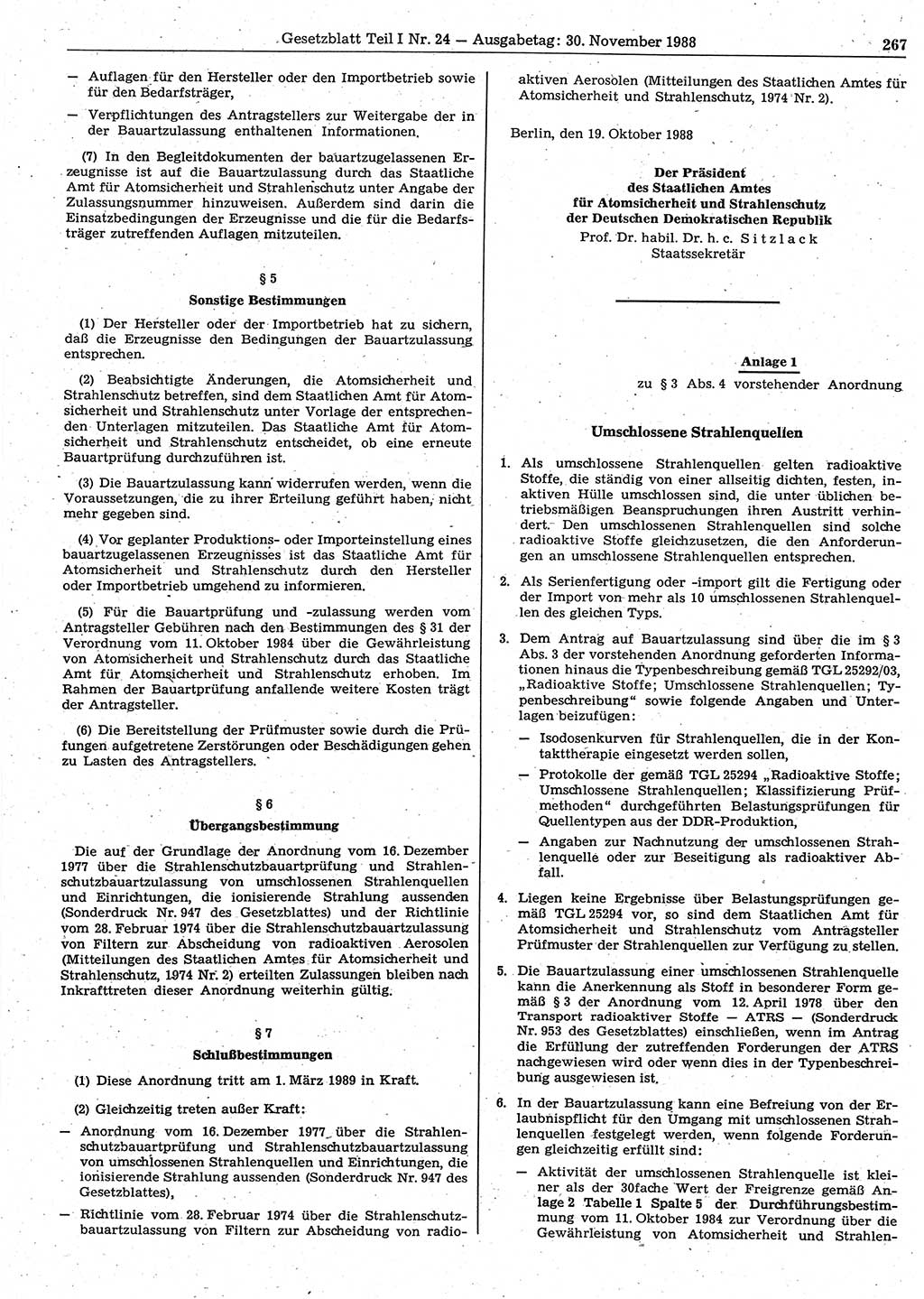Gesetzblatt (GBl.) der Deutschen Demokratischen Republik (DDR) Teil Ⅰ 1988, Seite 267 (GBl. DDR Ⅰ 1988, S. 267)