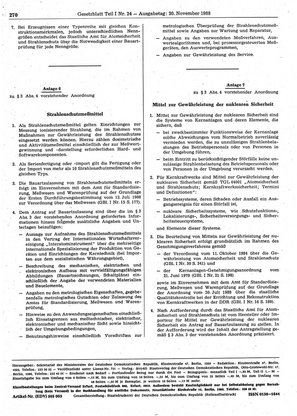 Gesetzblatt (GBl.) der Deutschen Demokratischen Republik (DDR) Teil Ⅰ 1988, Seite 270 (GBl. DDR Ⅰ 1988, S. 270)