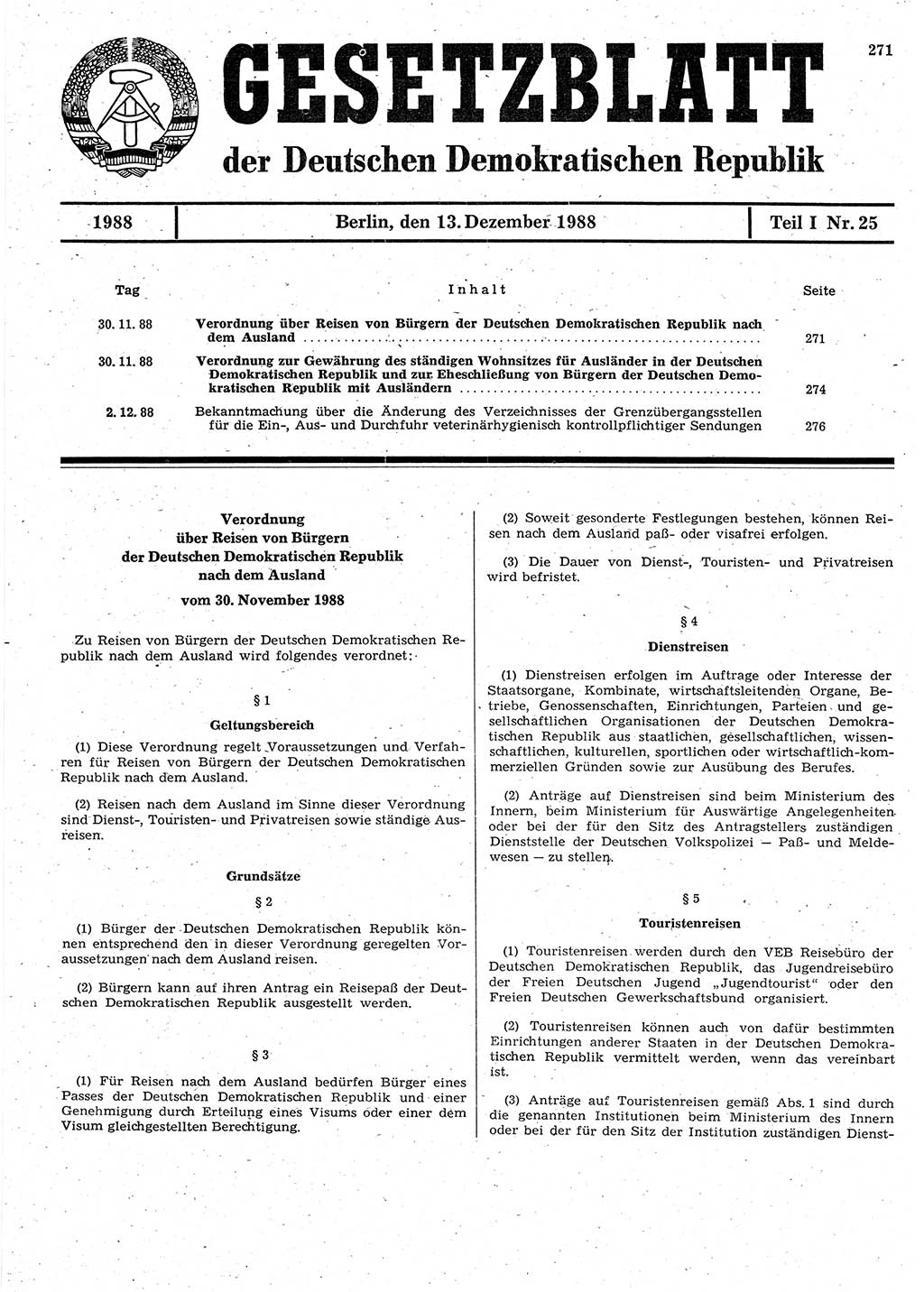 Gesetzblatt (GBl.) der Deutschen Demokratischen Republik (DDR) Teil Ⅰ 1988, Seite 271 (GBl. DDR Ⅰ 1988, S. 271)