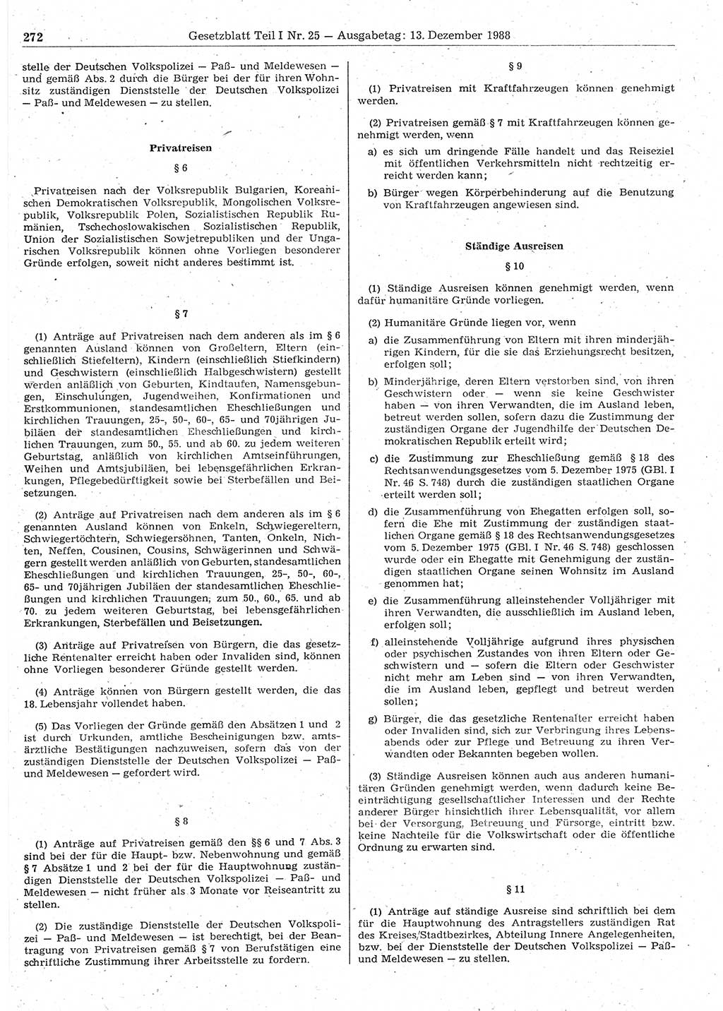 Gesetzblatt (GBl.) der Deutschen Demokratischen Republik (DDR) Teil Ⅰ 1988, Seite 272 (GBl. DDR Ⅰ 1988, S. 272)