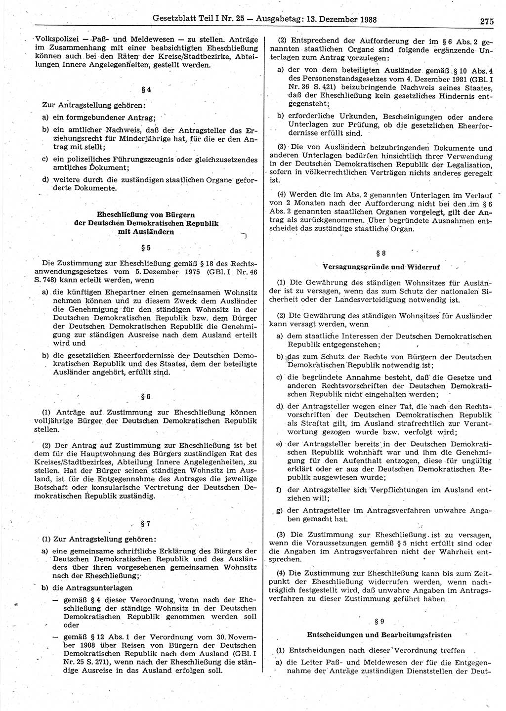 Gesetzblatt (GBl.) der Deutschen Demokratischen Republik (DDR) Teil Ⅰ 1988, Seite 275 (GBl. DDR Ⅰ 1988, S. 275)