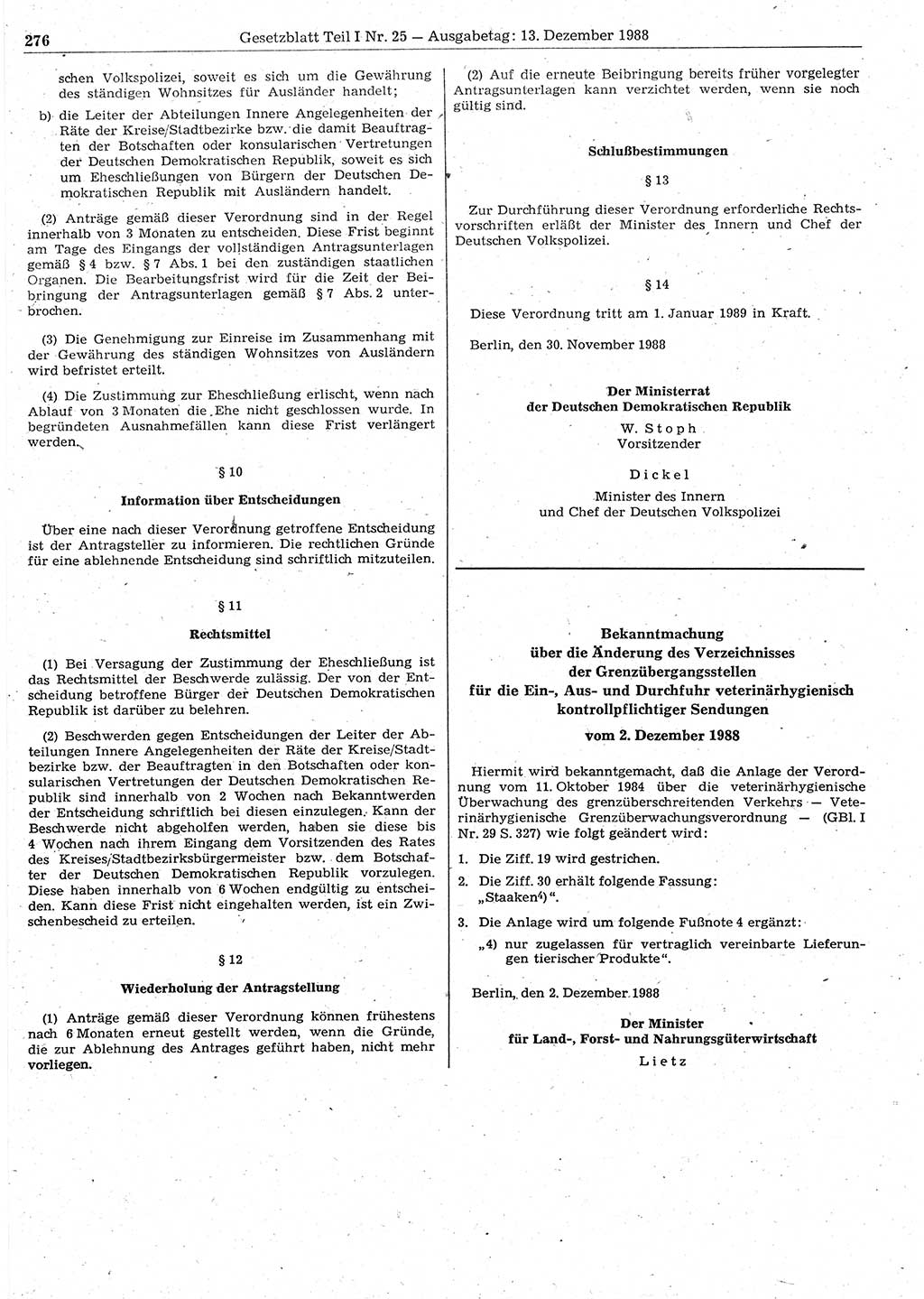 Gesetzblatt (GBl.) der Deutschen Demokratischen Republik (DDR) Teil Ⅰ 1988, Seite 276 (GBl. DDR Ⅰ 1988, S. 276)