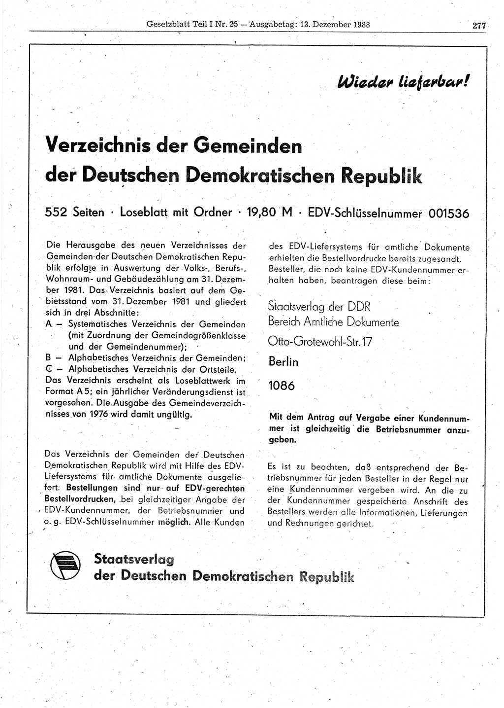 Gesetzblatt (GBl.) der Deutschen Demokratischen Republik (DDR) Teil Ⅰ 1988, Seite 277 (GBl. DDR Ⅰ 1988, S. 277)