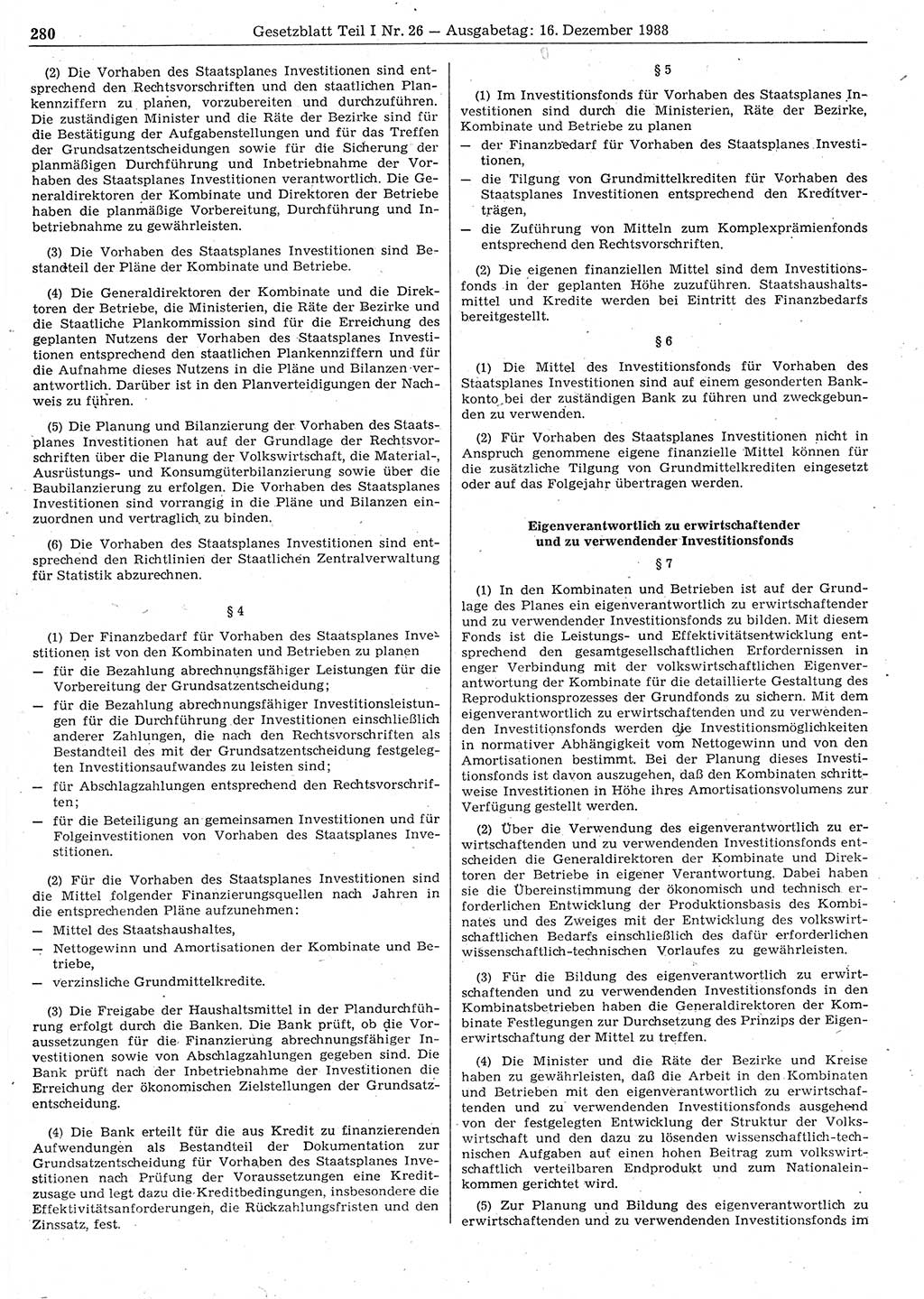 Gesetzblatt (GBl.) der Deutschen Demokratischen Republik (DDR) Teil Ⅰ 1988, Seite 280 (GBl. DDR Ⅰ 1988, S. 280)