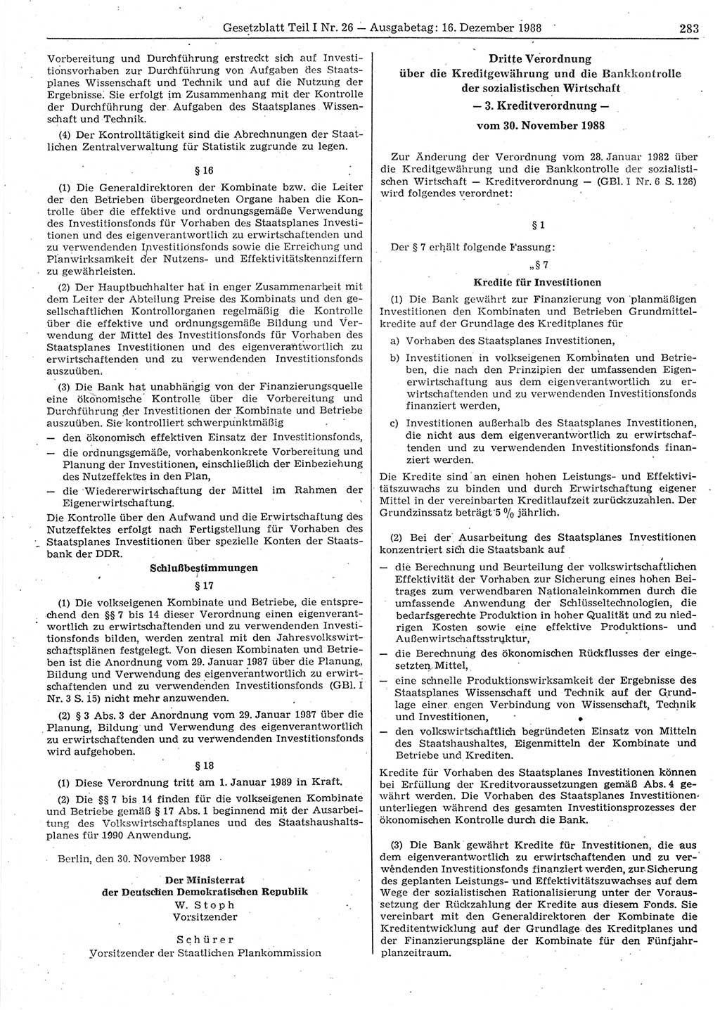 Gesetzblatt (GBl.) der Deutschen Demokratischen Republik (DDR) Teil Ⅰ 1988, Seite 283 (GBl. DDR Ⅰ 1988, S. 283)