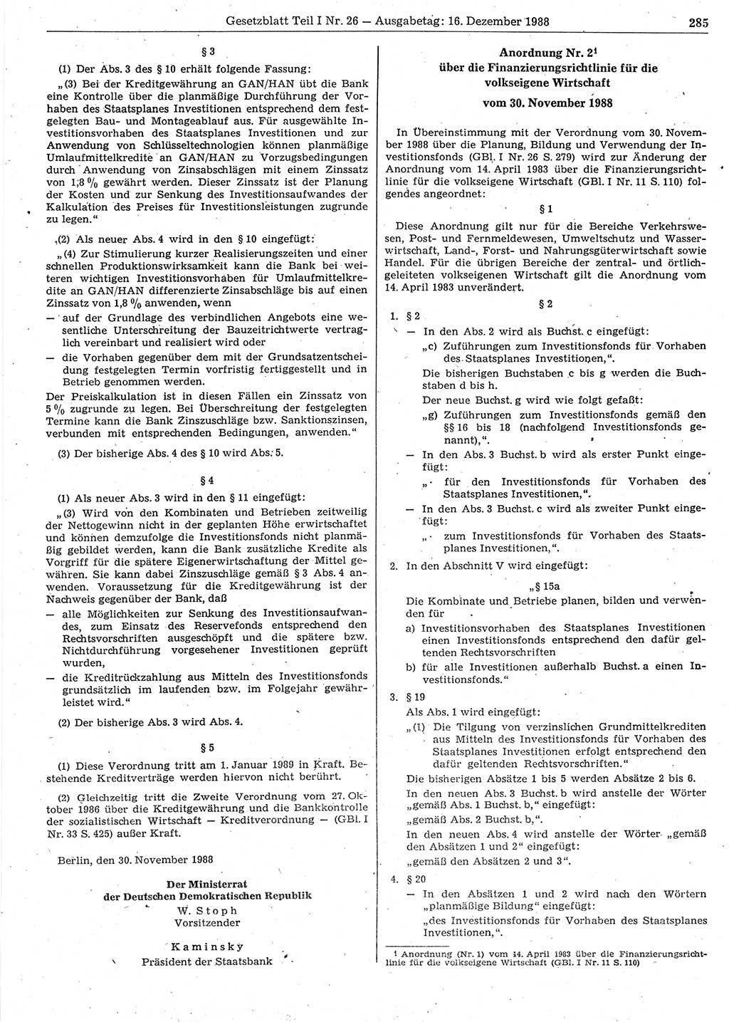 Gesetzblatt (GBl.) der Deutschen Demokratischen Republik (DDR) Teil Ⅰ 1988, Seite 285 (GBl. DDR Ⅰ 1988, S. 285)