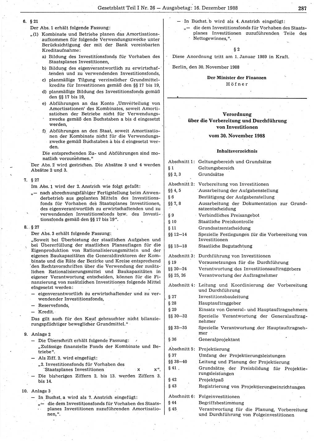 Gesetzblatt (GBl.) der Deutschen Demokratischen Republik (DDR) Teil Ⅰ 1988, Seite 287 (GBl. DDR Ⅰ 1988, S. 287)
