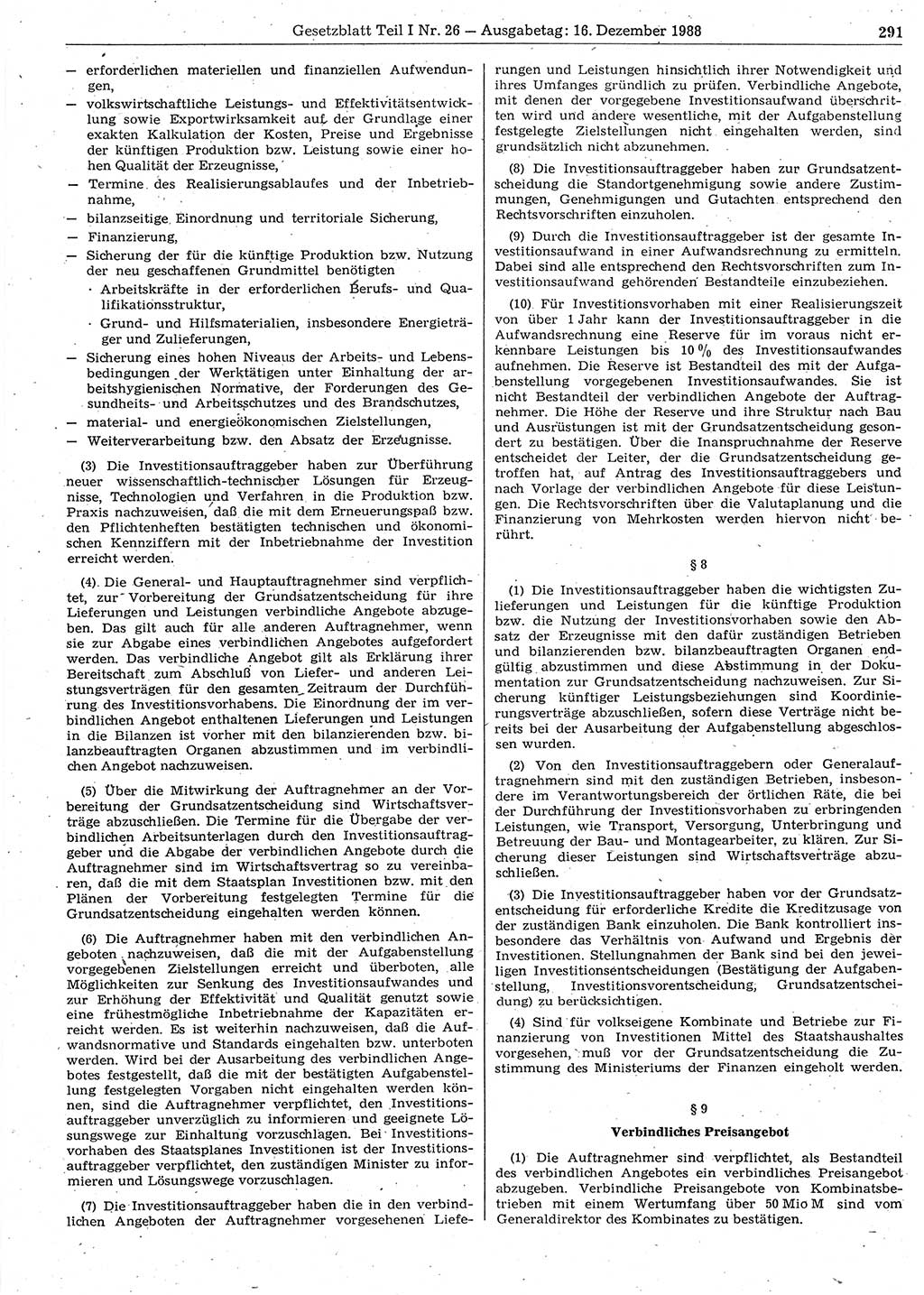 Gesetzblatt (GBl.) der Deutschen Demokratischen Republik (DDR) Teil Ⅰ 1988, Seite 291 (GBl. DDR Ⅰ 1988, S. 291)