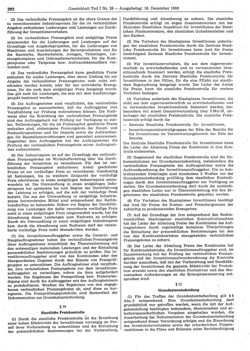 Gesetzblatt (GBl.) der Deutschen Demokratischen Republik (DDR) Teil Ⅰ 1988, Seite 292 (GBl. DDR Ⅰ 1988, S. 292)