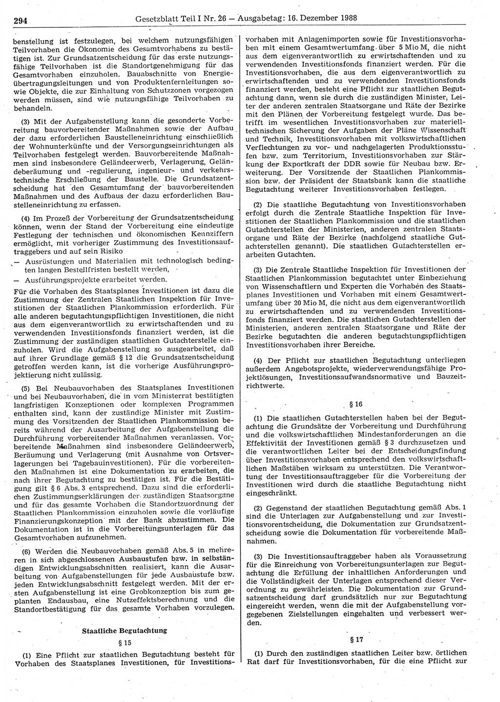 Gesetzblatt (GBl.) der Deutschen Demokratischen Republik (DDR) Teil Ⅰ 1988, Seite 294 (GBl. DDR Ⅰ 1988, S. 294)