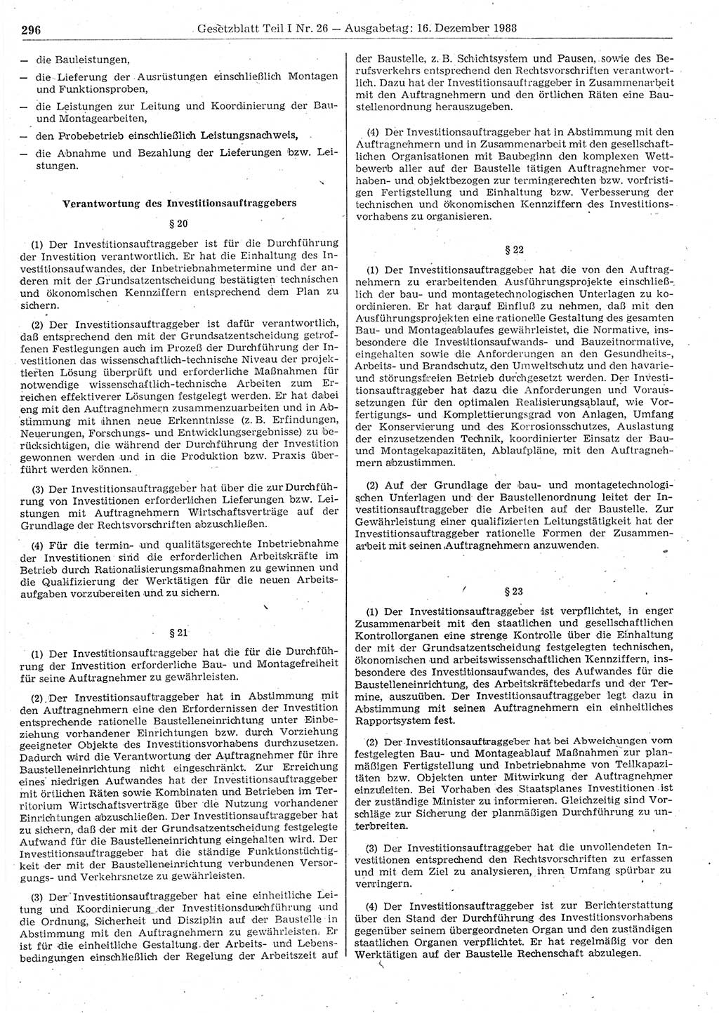 Gesetzblatt (GBl.) der Deutschen Demokratischen Republik (DDR) Teil Ⅰ 1988, Seite 296 (GBl. DDR Ⅰ 1988, S. 296)