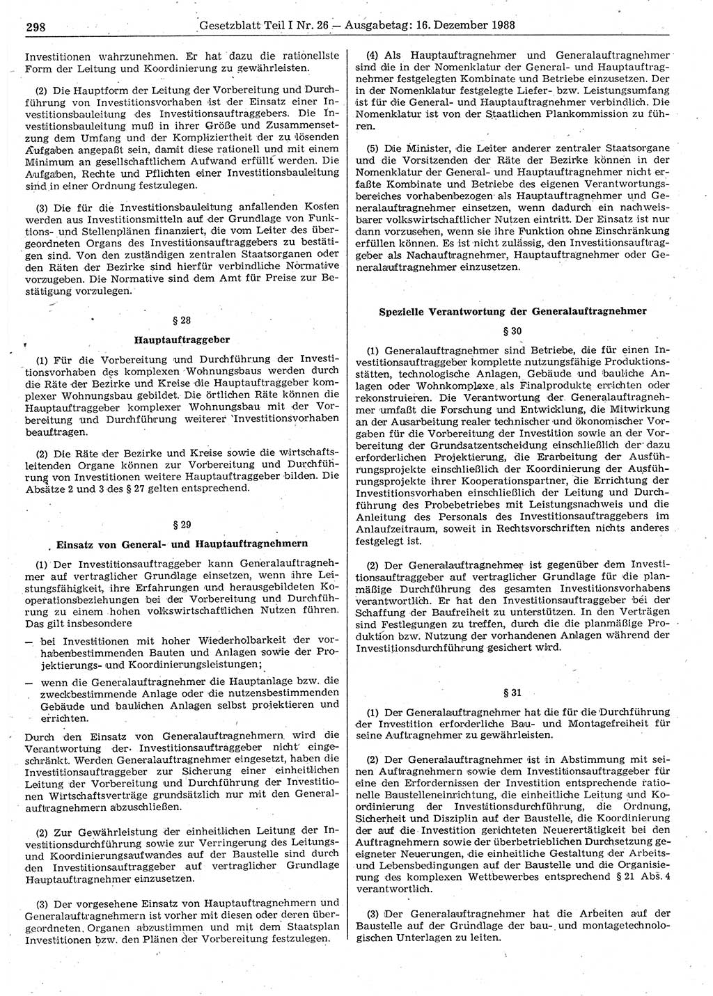 Gesetzblatt (GBl.) der Deutschen Demokratischen Republik (DDR) Teil Ⅰ 1988, Seite 298 (GBl. DDR Ⅰ 1988, S. 298)