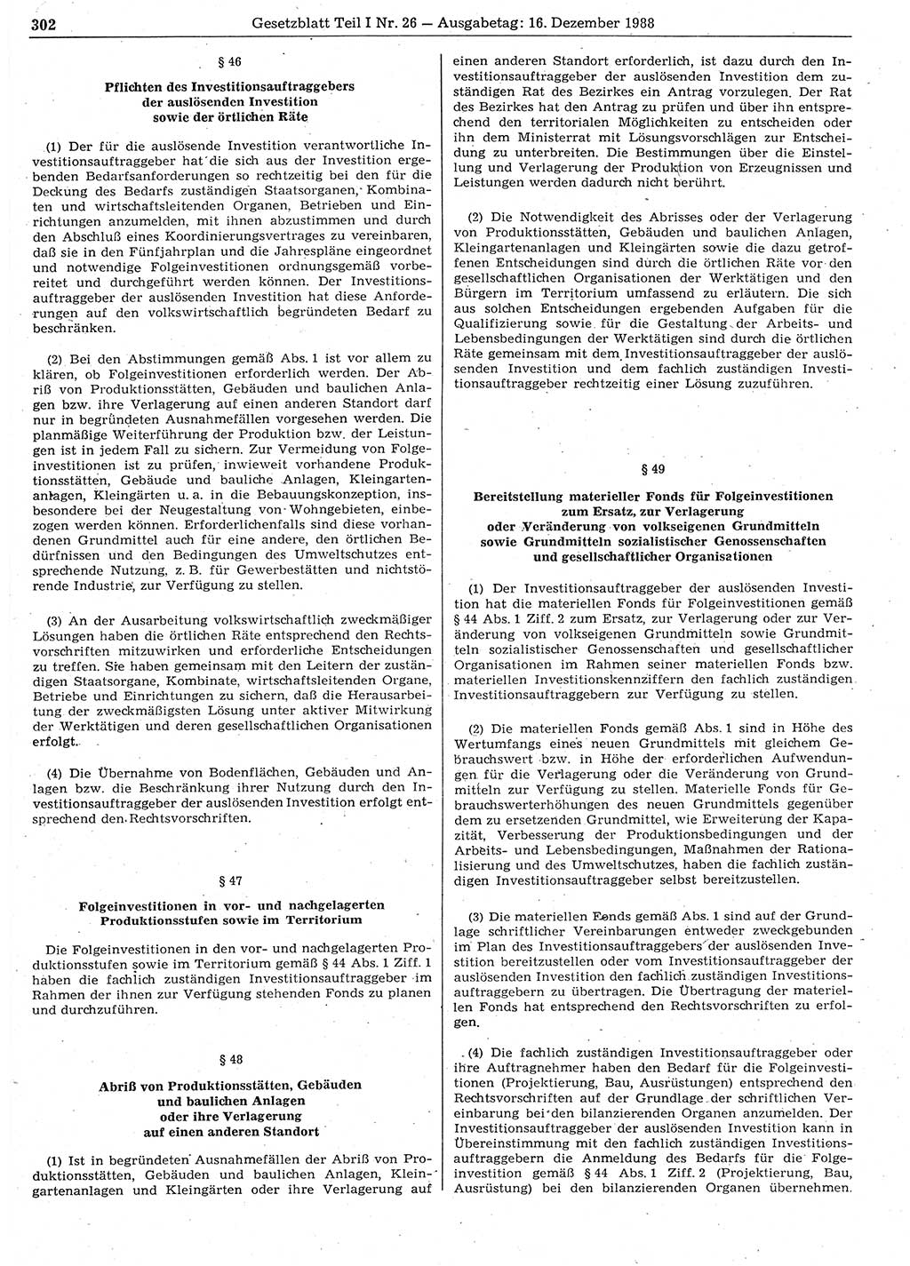 Gesetzblatt (GBl.) der Deutschen Demokratischen Republik (DDR) Teil Ⅰ 1988, Seite 302 (GBl. DDR Ⅰ 1988, S. 302)