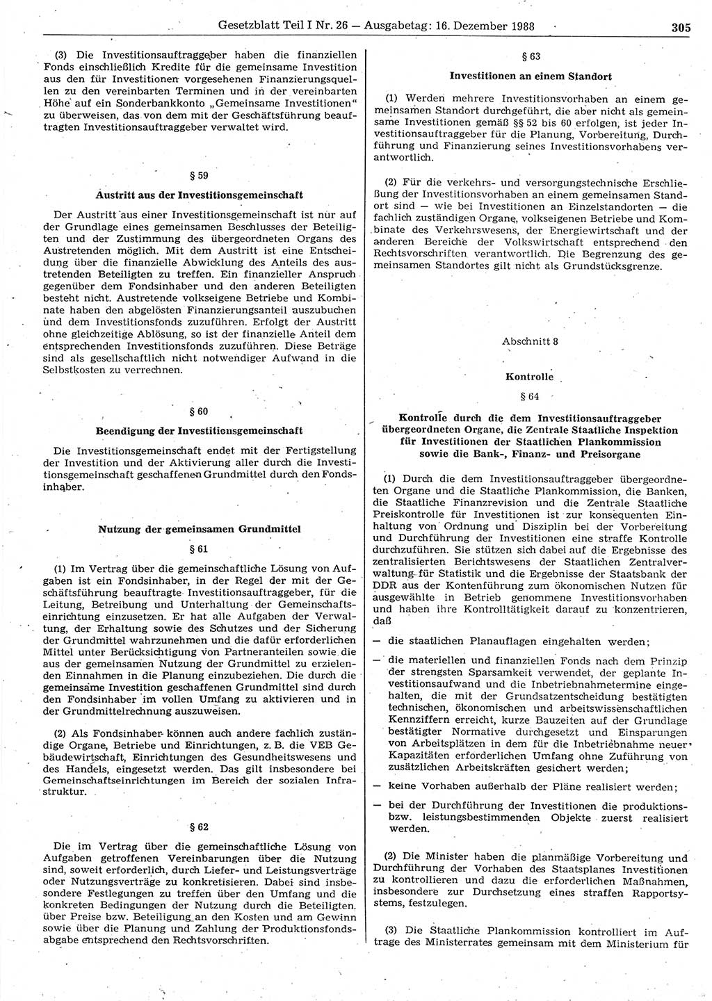 Gesetzblatt (GBl.) der Deutschen Demokratischen Republik (DDR) Teil Ⅰ 1988, Seite 305 (GBl. DDR Ⅰ 1988, S. 305)