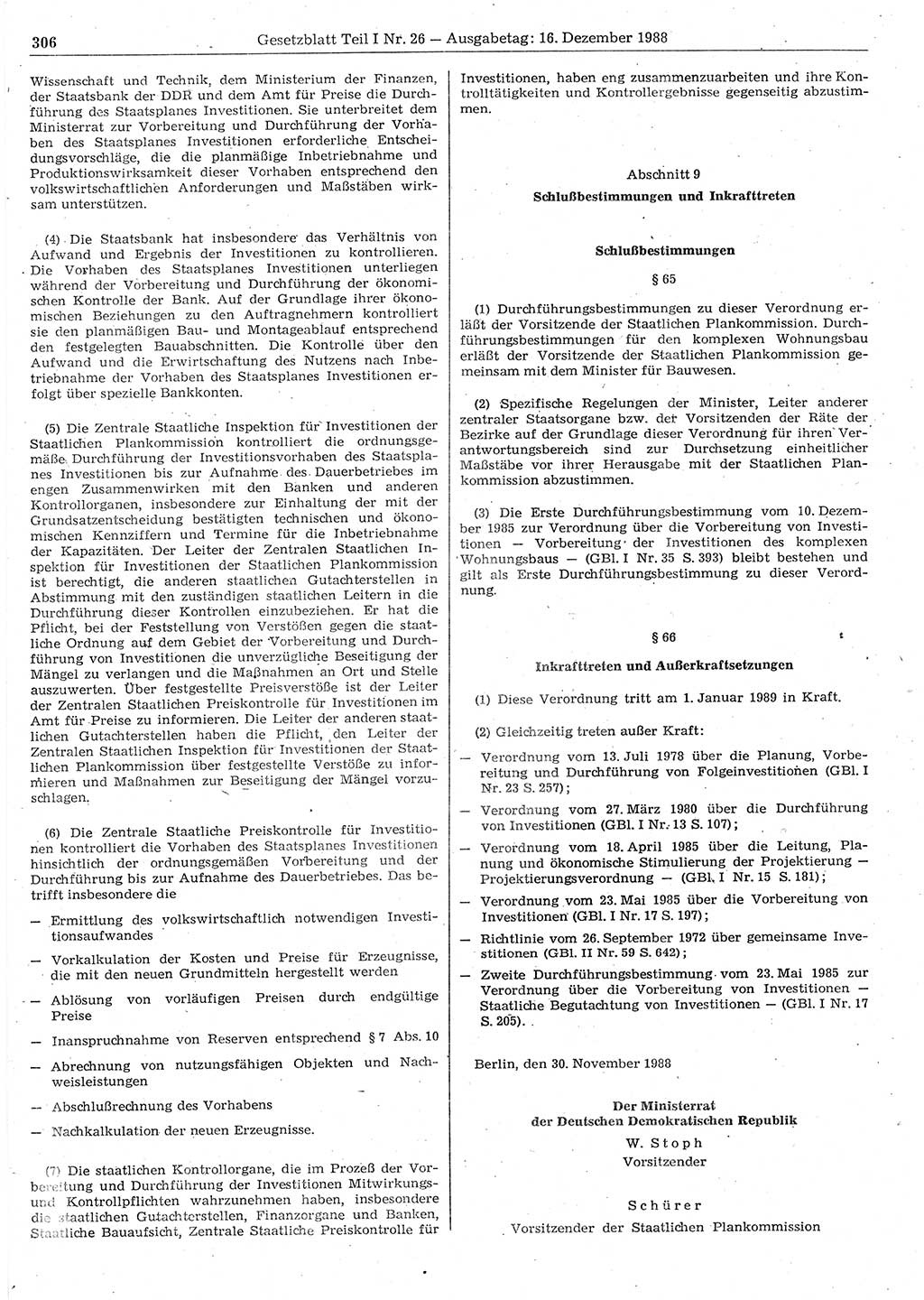 Gesetzblatt (GBl.) der Deutschen Demokratischen Republik (DDR) Teil Ⅰ 1988, Seite 306 (GBl. DDR Ⅰ 1988, S. 306)