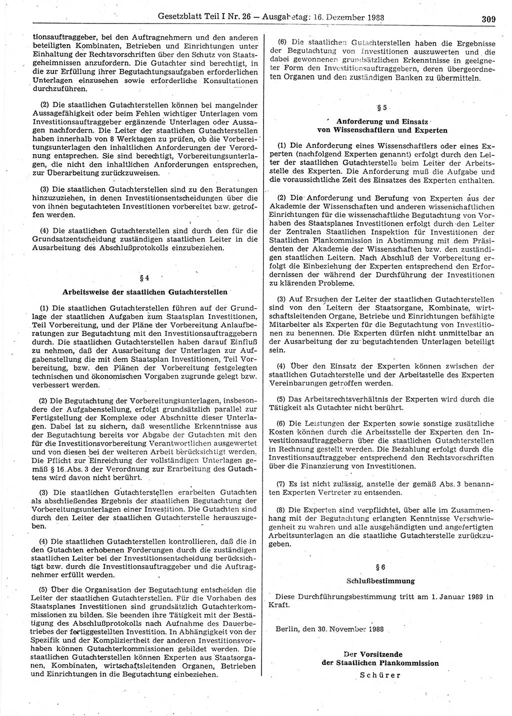 Gesetzblatt (GBl.) der Deutschen Demokratischen Republik (DDR) Teil Ⅰ 1988, Seite 309 (GBl. DDR Ⅰ 1988, S. 309)