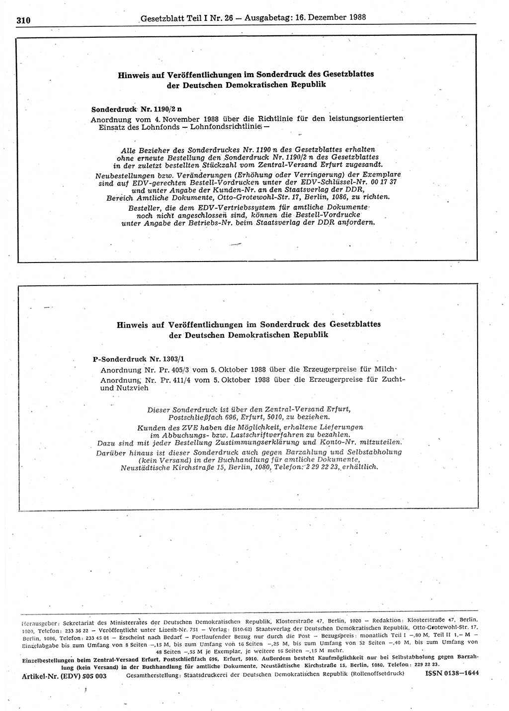 Gesetzblatt (GBl.) der Deutschen Demokratischen Republik (DDR) Teil Ⅰ 1988, Seite 310 (GBl. DDR Ⅰ 1988, S. 310)
