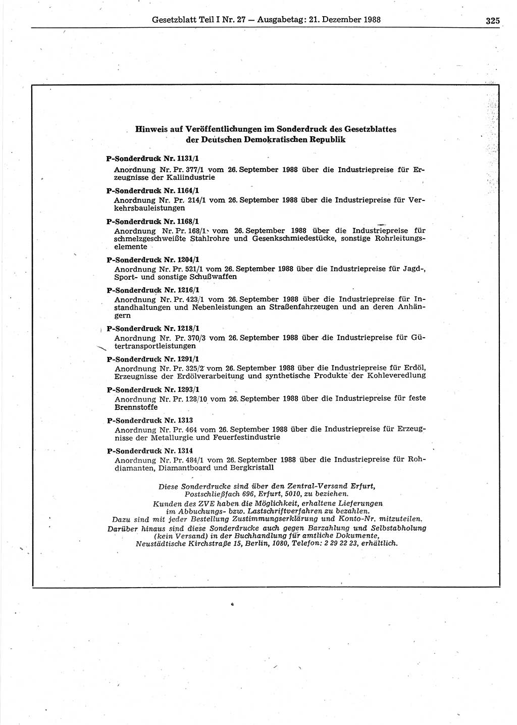Gesetzblatt (GBl.) der Deutschen Demokratischen Republik (DDR) Teil Ⅰ 1988, Seite 325 (GBl. DDR Ⅰ 1988, S. 325)