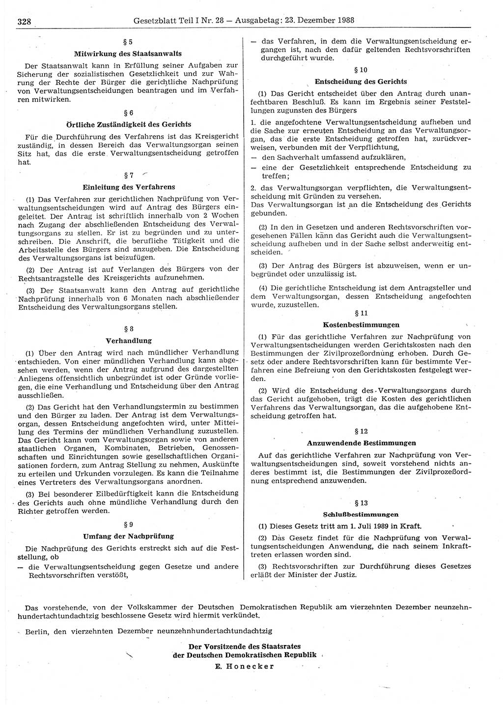 Gesetzblatt (GBl.) der Deutschen Demokratischen Republik (DDR) Teil Ⅰ 1988, Seite 328 (GBl. DDR Ⅰ 1988, S. 328)