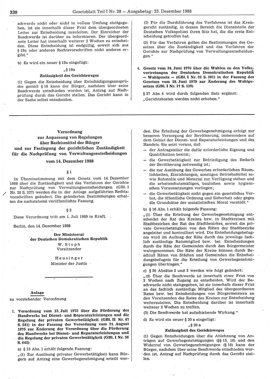 Gesetzblatt (GBl.) der Deutschen Demokratischen Republik (DDR) Teil Ⅰ 1988, Seite 330 (GBl. DDR Ⅰ 1988, S. 330)