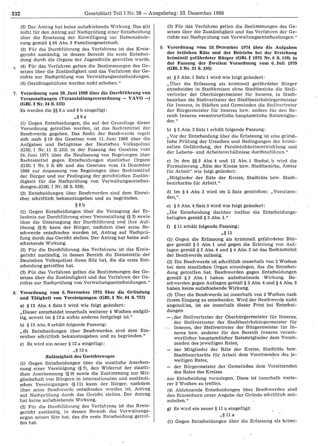Gesetzblatt (GBl.) der Deutschen Demokratischen Republik (DDR) Teil Ⅰ 1988, Seite 332 (GBl. DDR Ⅰ 1988, S. 332)