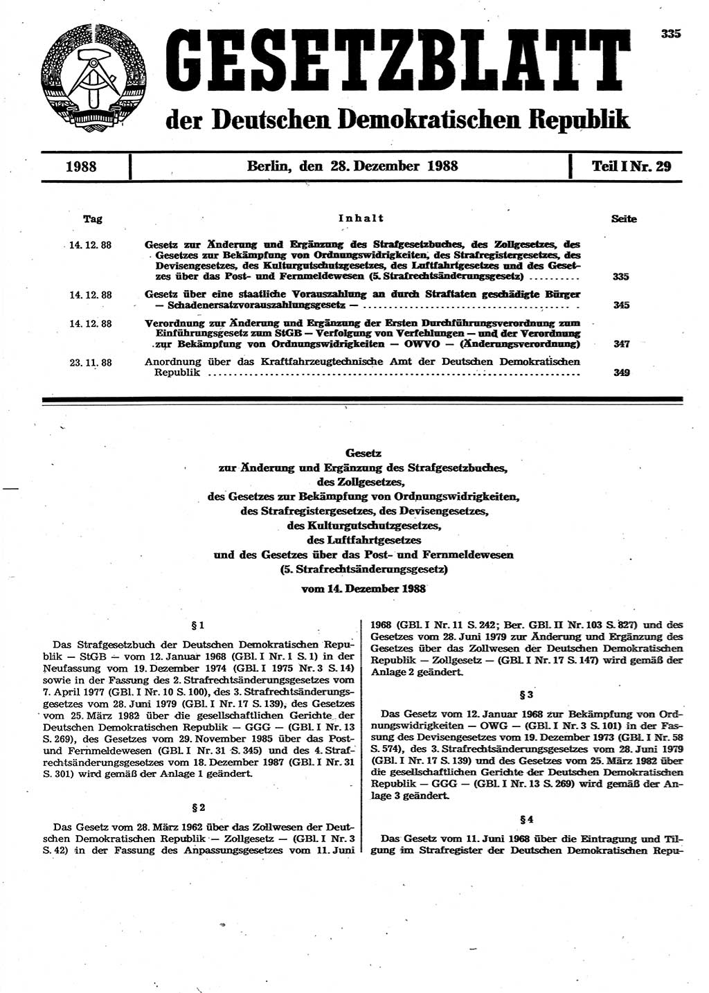Gesetzblatt (GBl.) der Deutschen Demokratischen Republik (DDR) Teil Ⅰ 1988, Seite 335 (GBl. DDR Ⅰ 1988, S. 335)
