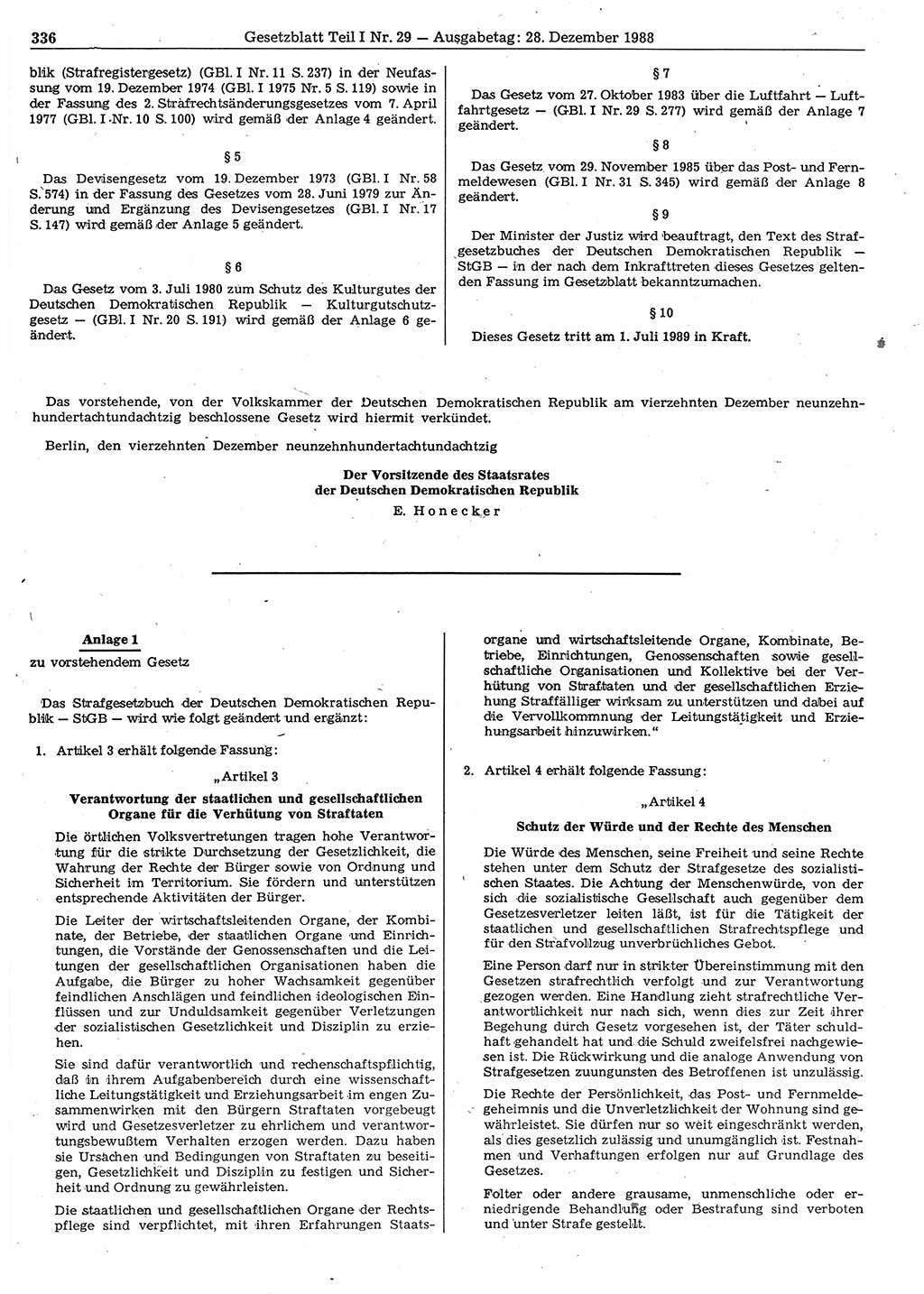 Gesetzblatt (GBl.) der Deutschen Demokratischen Republik (DDR) Teil Ⅰ 1988, Seite 336 (GBl. DDR Ⅰ 1988, S. 336)