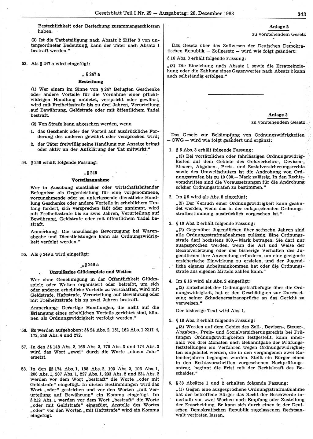 Gesetzblatt (GBl.) der Deutschen Demokratischen Republik (DDR) Teil Ⅰ 1988, Seite 343 (GBl. DDR Ⅰ 1988, S. 343)