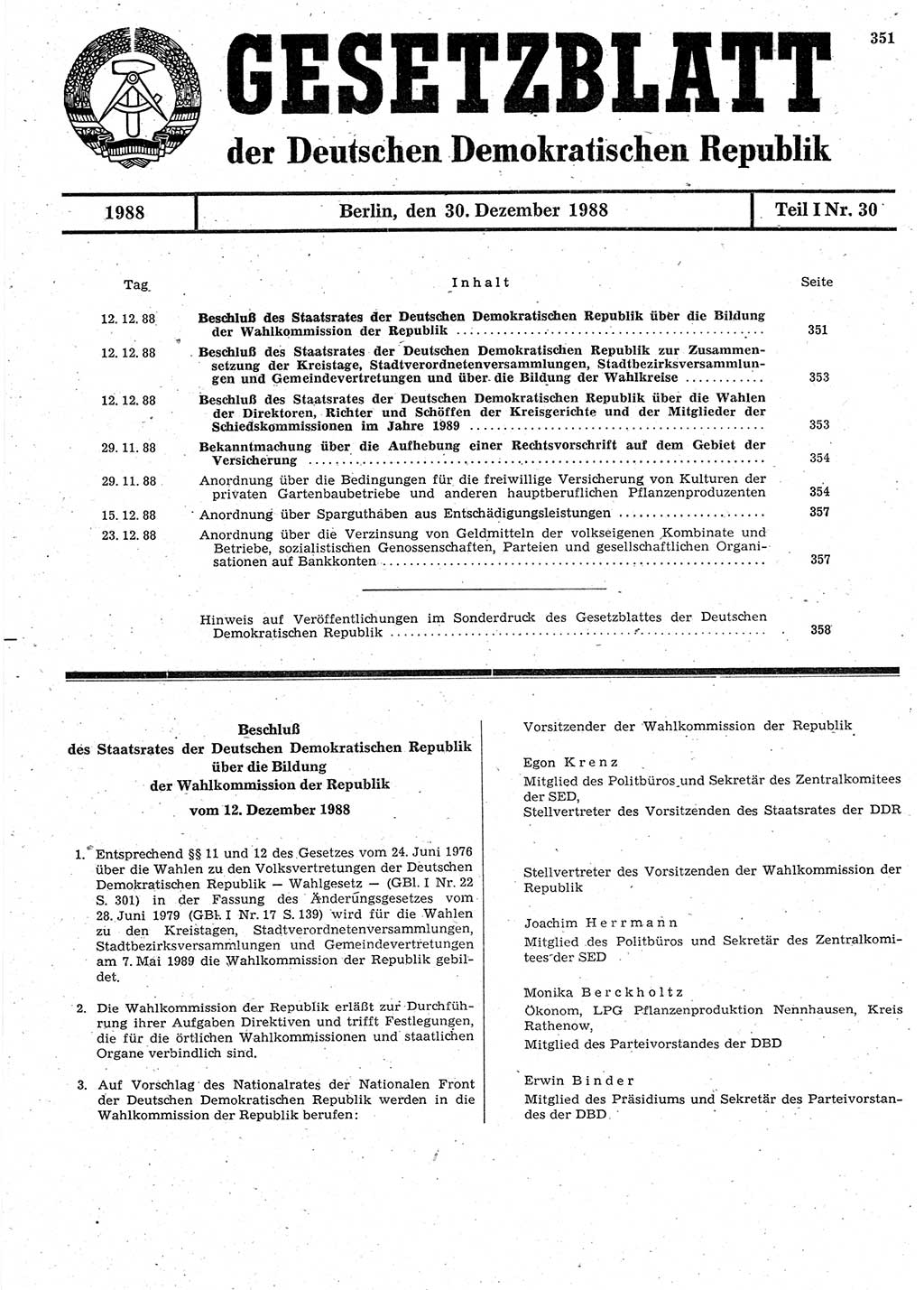 Gesetzblatt (GBl.) der Deutschen Demokratischen Republik (DDR) Teil Ⅰ 1988, Seite 351 (GBl. DDR Ⅰ 1988, S. 351)