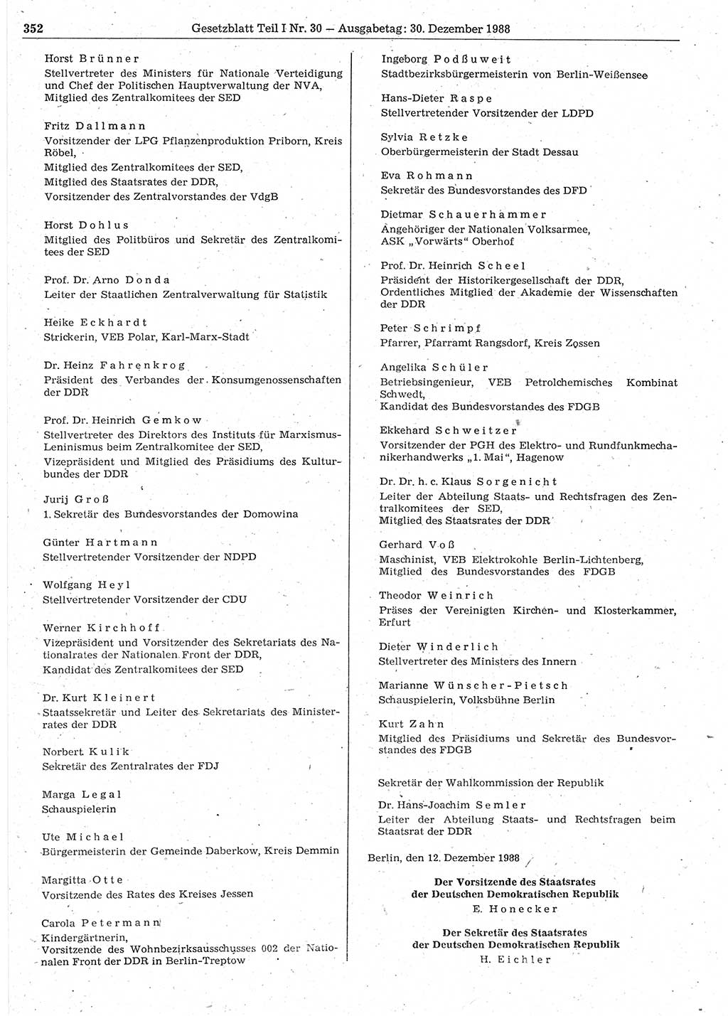 Gesetzblatt (GBl.) der Deutschen Demokratischen Republik (DDR) Teil Ⅰ 1988, Seite 352 (GBl. DDR Ⅰ 1988, S. 352)