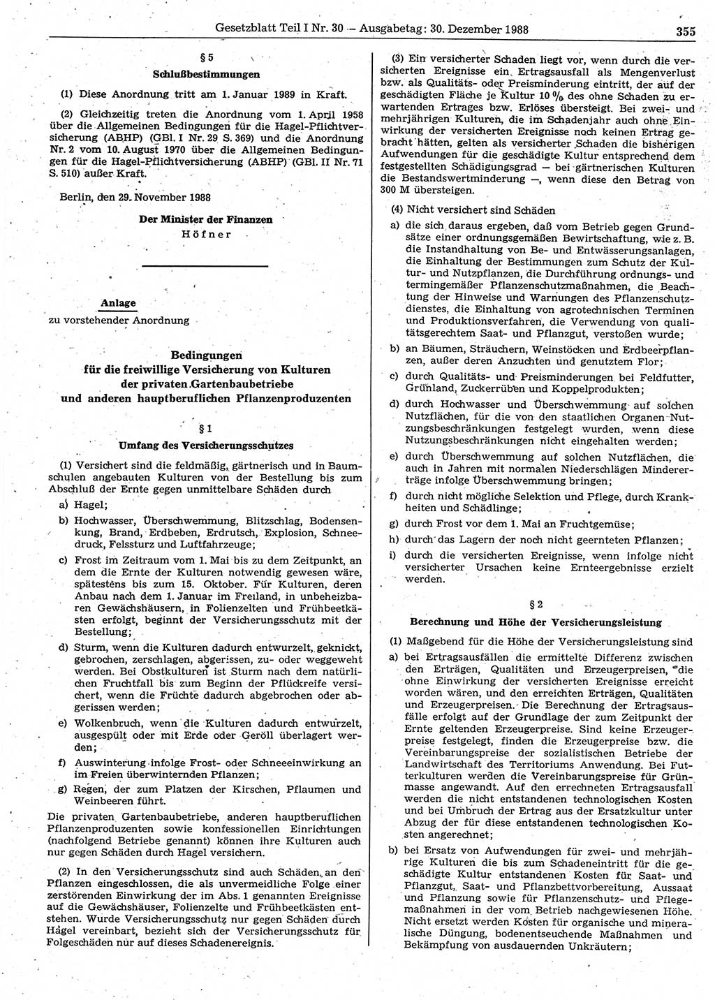 Gesetzblatt (GBl.) der Deutschen Demokratischen Republik (DDR) Teil Ⅰ 1988, Seite 355 (GBl. DDR Ⅰ 1988, S. 355)